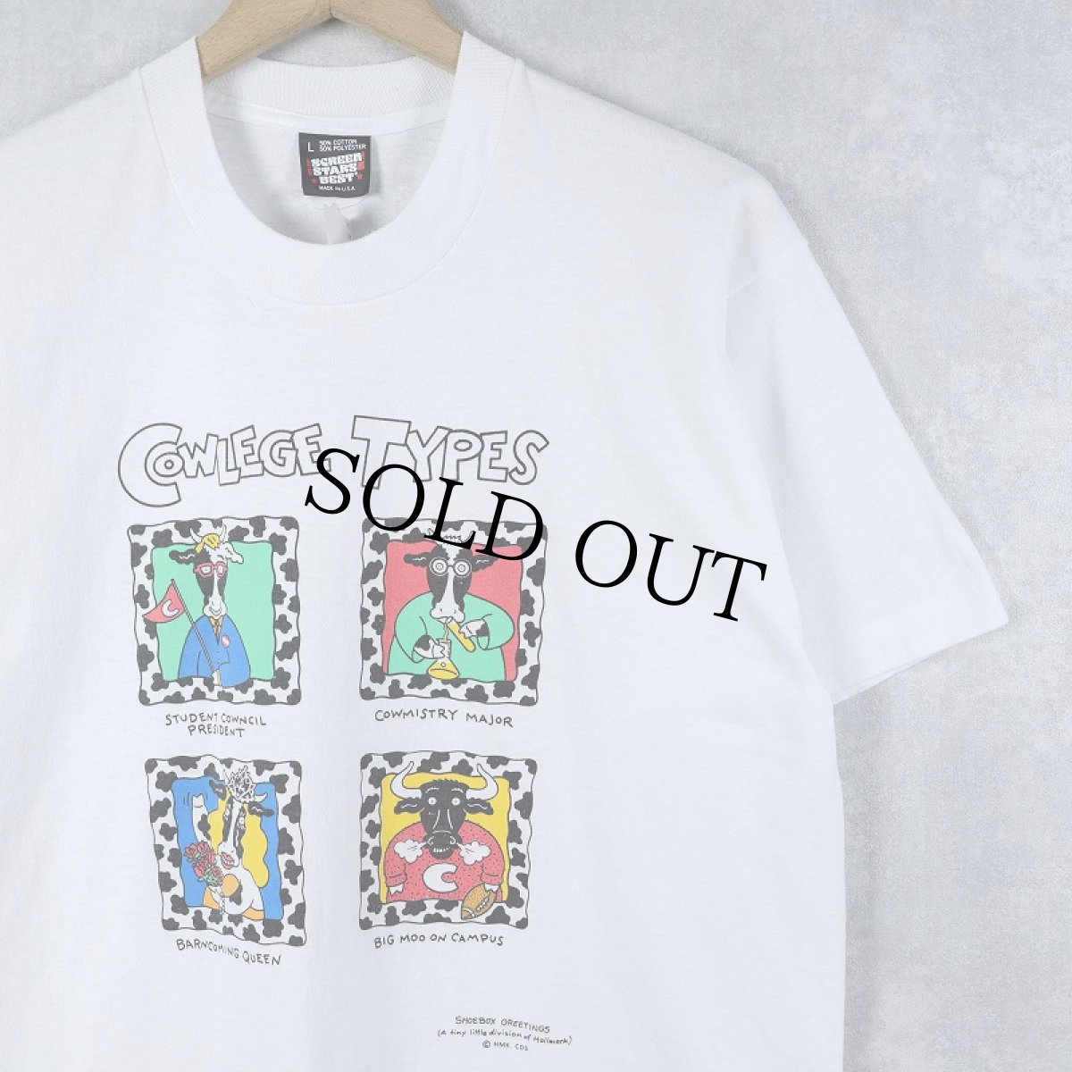 画像1: 90's SHOEBOX USA製 "COWLEGE TYPES" シュールプリントTシャツ L (1)