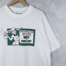 画像1: "HOW WOULD YOU LIKE A NICE HOT CUP OF SHUT THE FUCK UP?" ジョークプリントTシャツ XL (1)