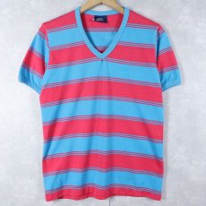 画像1: 80's NIKE 紺タグ ロゴ刺繍 ボーダー柄 VネックTシャツ L (1)