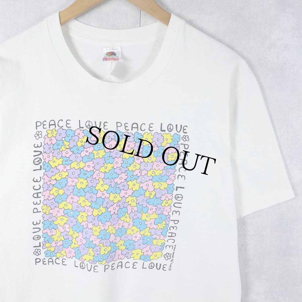 画像1: 90's DEGREE ANGLE USA製 "PEACE LOVE" フラワープリントTシャツ L (1)