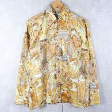 画像1: 70's Chasin's Southern California "Mucha" 総柄 アートプリントポリエステルシャツ M (1)