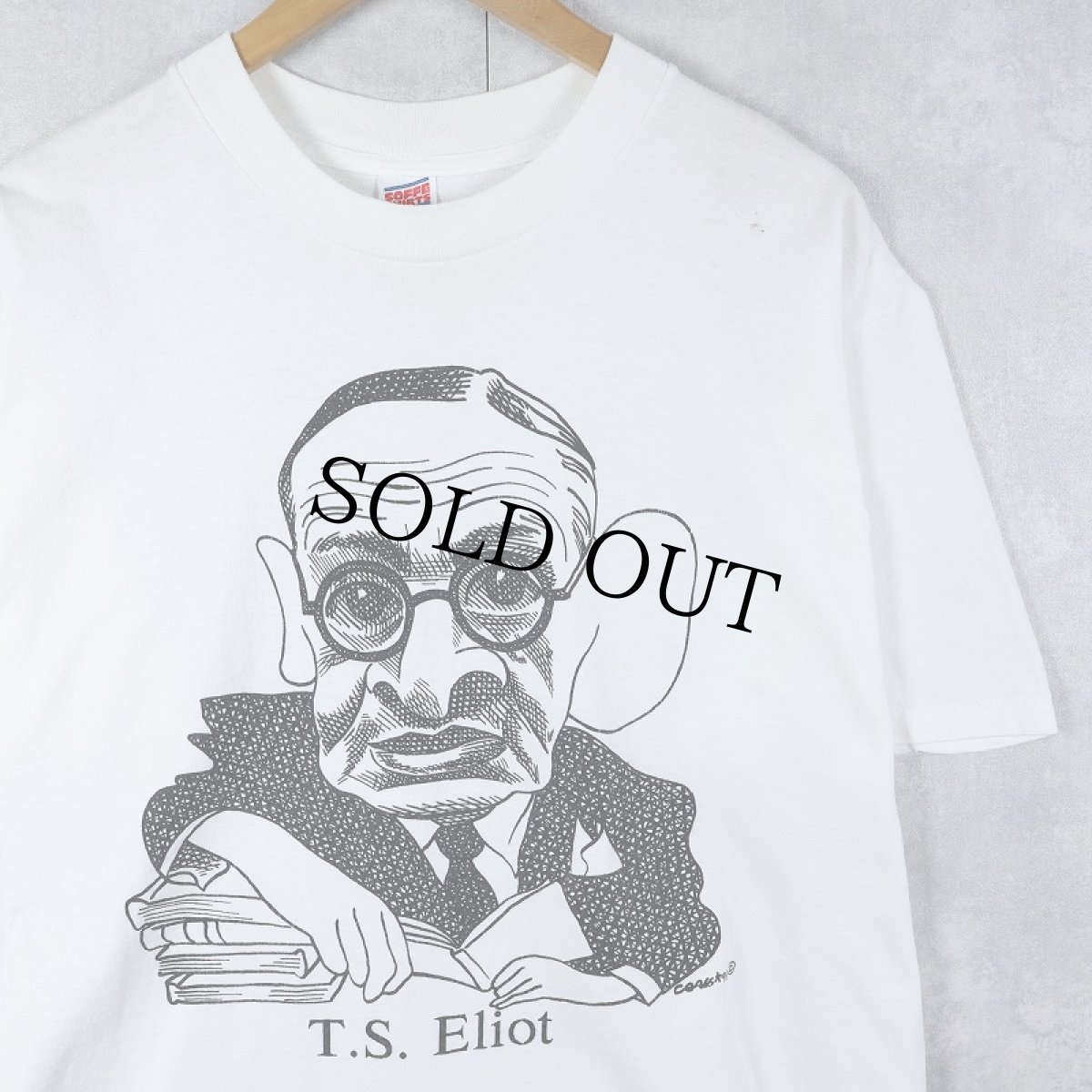 画像1: 90's Largery Literary USA製 "T.S. Eliot" 偉人イラストプリントTシャツ L (1)