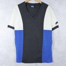 画像1: 80's NIKE USA製 "紺タグ" Vネック メッシュ切り替えプリントTシャツ L (1)