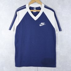 画像1: 80's NIKE "紺タグ" Vネック フロッキープリントTシャツ L (1)