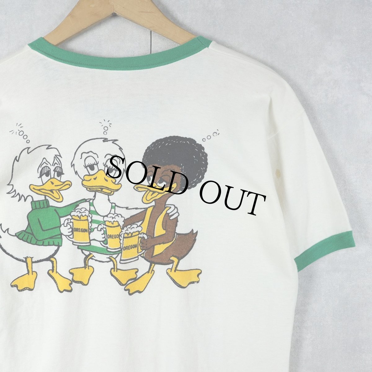 画像1: 70〜80's Champion バータグ USA製 "Oregon Ducks" イラストプリントリンガーTシャツ L (1)