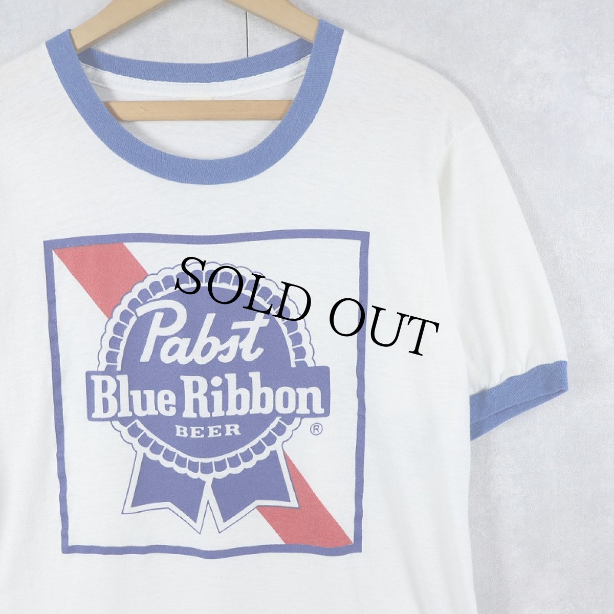 画像1: 80's PABST BLUE RIBBON BEER USA製 ビールメーカー プリントリンガーTシャツ L (1)
