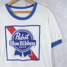 画像1: 80's PABST BLUE RIBBON BEER USA製 ビールメーカー プリントリンガーTシャツ L (1)