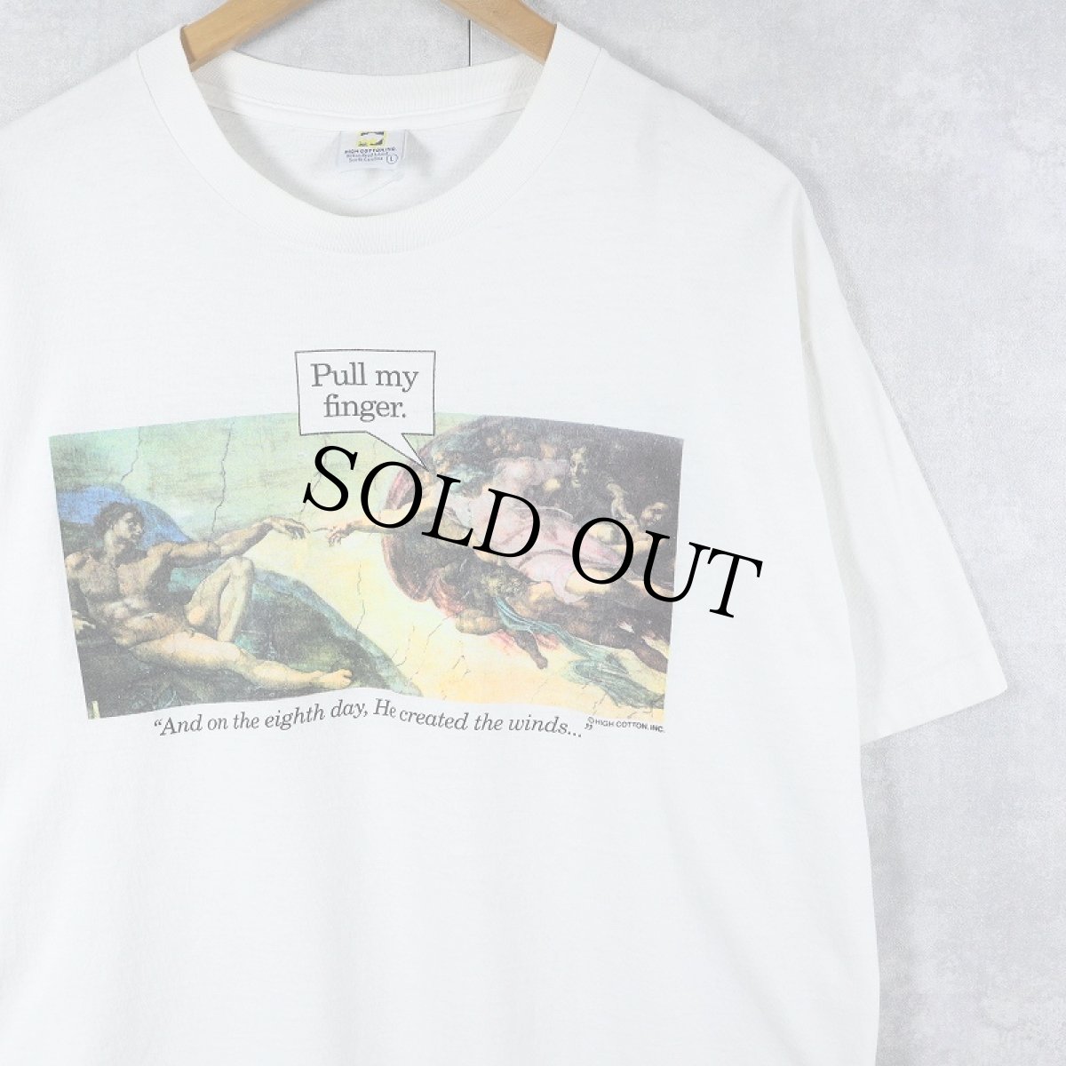 画像1: 90's Michelangelo アダムの創造 USA製 "Pull my finger." パロディプリントTシャツ L (1)