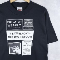 画像1: 90's SHIFFMAN USA製 "I SAW ELRON" マガジンプリントTシャツ BLACK L (1)