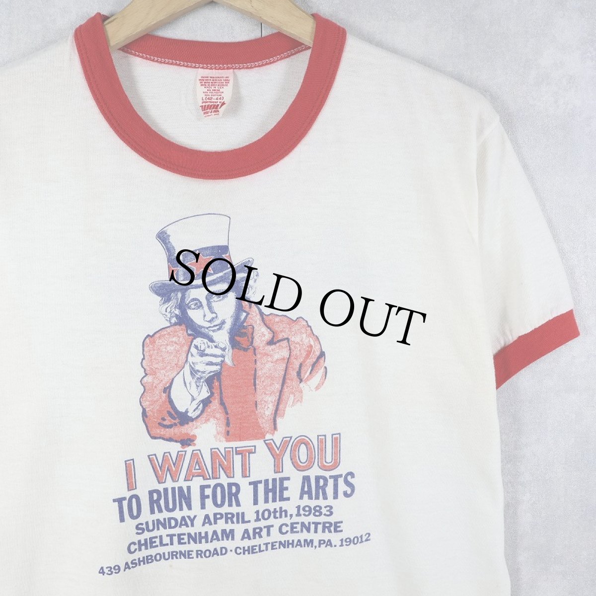 画像1: 80's Uncle Sam "I WANT YOU TO RUN FOR THE ARTS" パロディプリントリンガーTシャツ L (1)