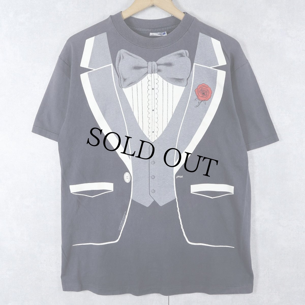 画像1: 80's USA製 タキシード柄 騙し絵プリントTシャツ BLACK L (1)