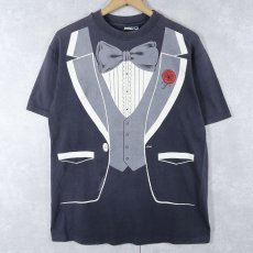 画像1: 80's USA製 タキシード柄 騙し絵プリントTシャツ BLACK L (1)