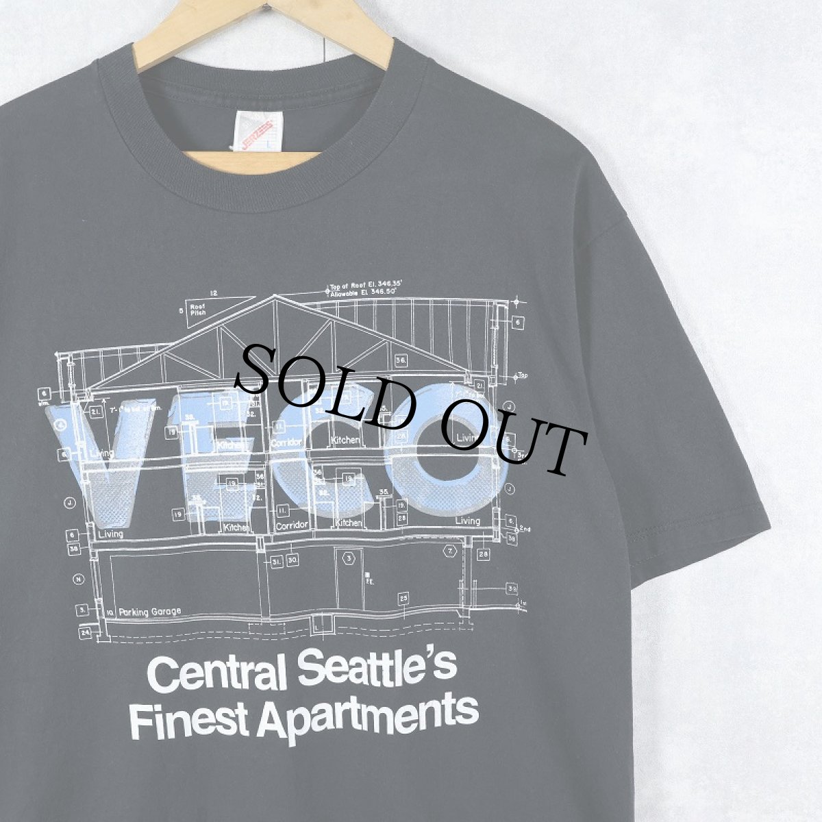 画像1: 80's〜 VECO USA製 "Central Seattle's Finest Apartments" 設計図プリントTシャツ BLACK L (1)