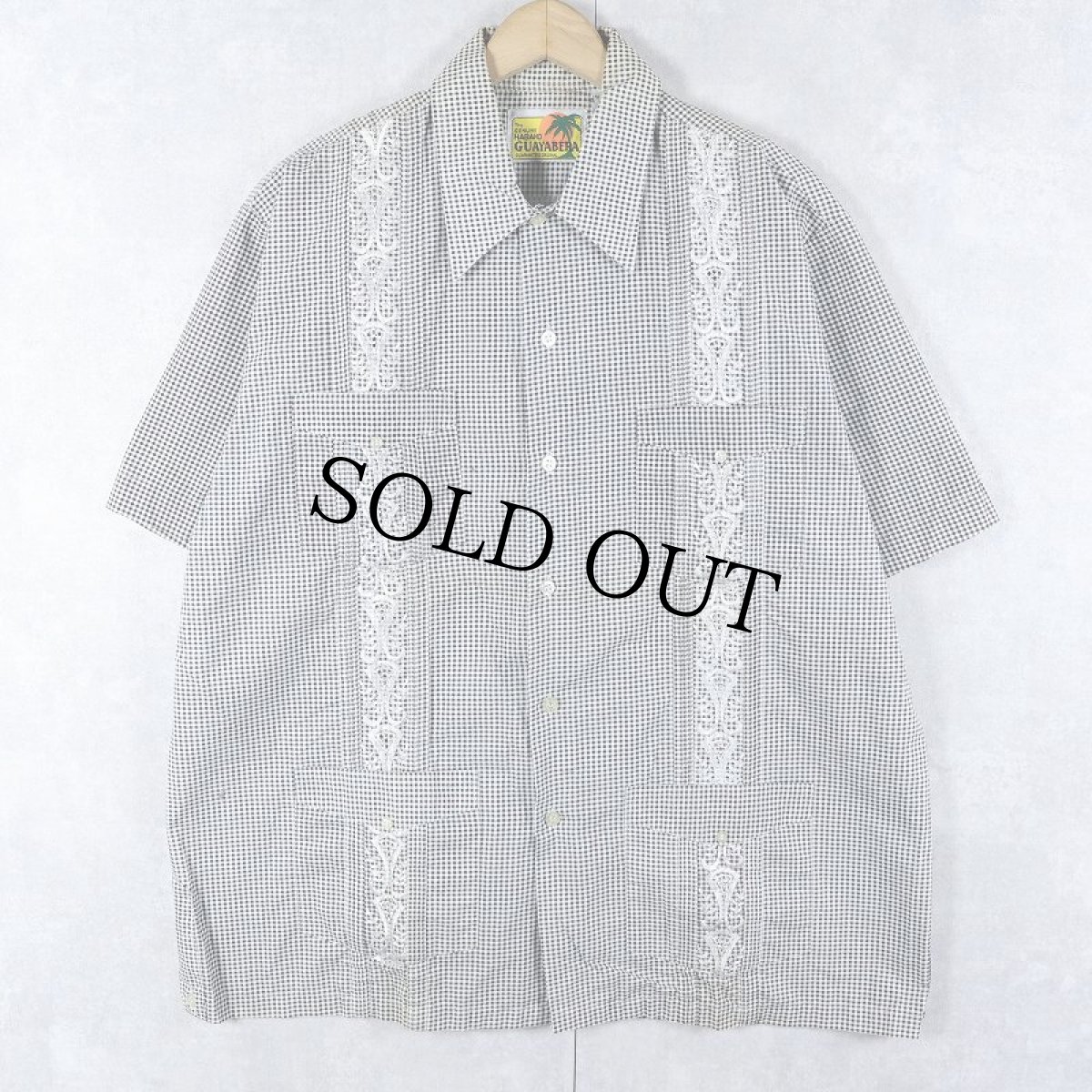 画像1: The GENUINE HABAND "GUAYABERA" ギンガムチェック柄 刺繍デザイン キューバシャツ L (1)