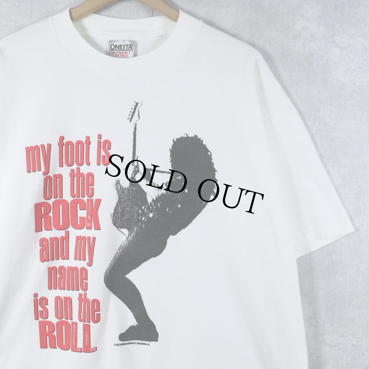 画像1: 90's "my foot is on the ROCK and my name is on the ROLL" ギタリストプリントTシャツ XL (1)