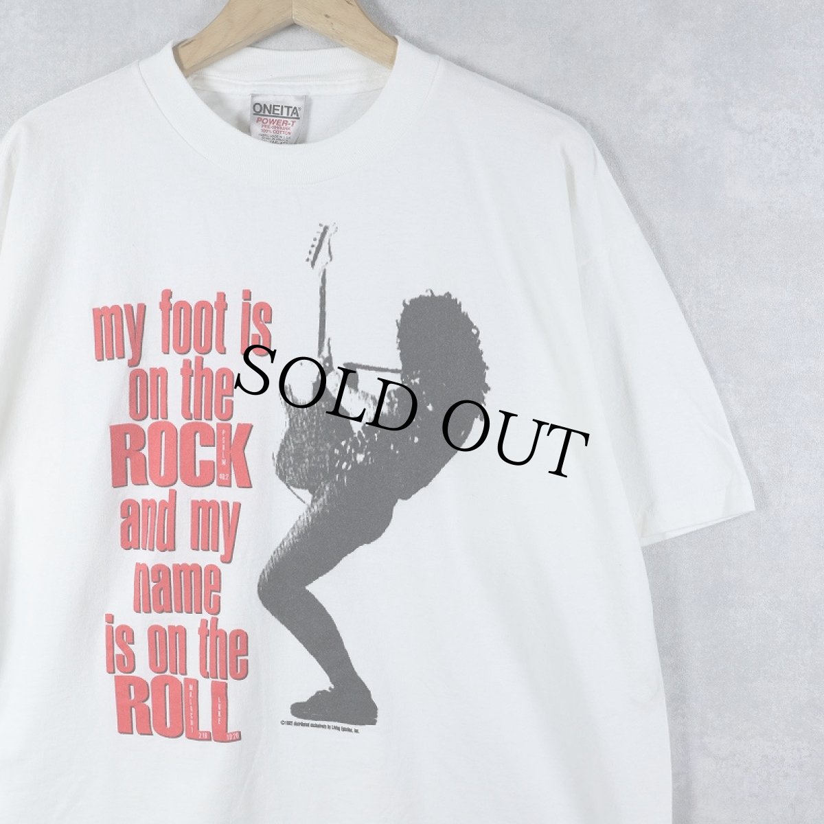画像1: 90's "my foot is on the ROCK and my name is on the ROLL" ギタリストプリントTシャツ XL (1)