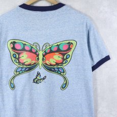画像2: 80's 亀×蝶 イラストプリントリンガーTシャツ L (2)