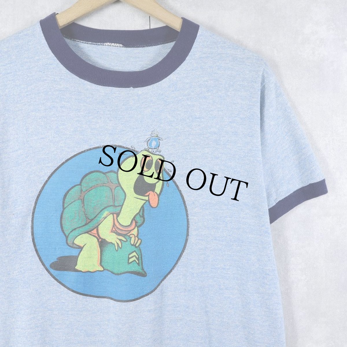 画像1: 80's 亀×蝶 イラストプリントリンガーTシャツ L (1)