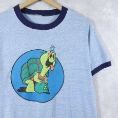 画像1: 80's 亀×蝶 イラストプリントリンガーTシャツ L (1)