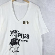 画像1: 70's "PIGS ARE BEAUTIFUL" Vネック ブタイラストプリントTシャツ DEADSTOCK XL (1)