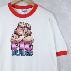 画像1: 80's USA製 "PIG HEADED" ラメプリントリンガーTシャツ L (1)