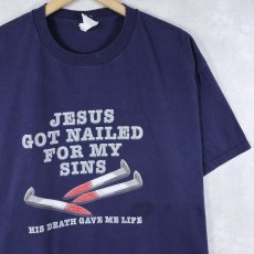 画像1: 90's "JESUS GOT NAILED FOR MY SINS" ジーザスプリントTシャツ NAVY L (1)