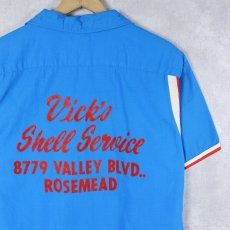 画像1: 60's Hilton USA製 "Vick's Shell Service" フロッキープリント コットンボウリングシャツ (1)