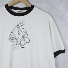 画像1: 90's "SAMEDA" イラストプリントリンガーTシャツ L (1)