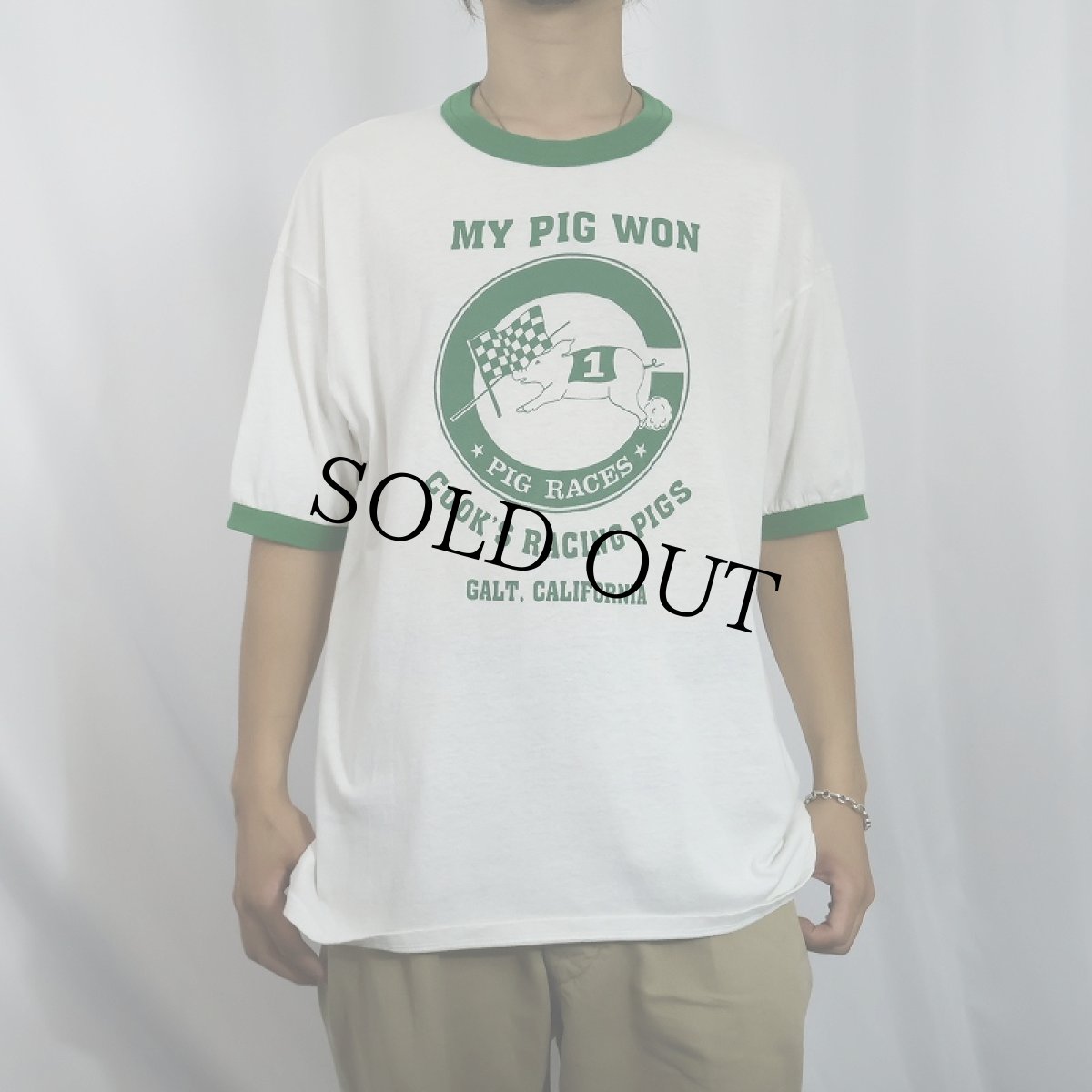 画像2: 90's USA製 "MY PIG WON" ピッグレース プリントリンガーTシャツ XL (2)
