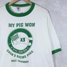 画像1: 90's USA製 "MY PIG WON" ピッグレース プリントリンガーTシャツ XL (1)
