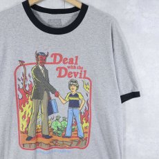 画像1: Steven Rhodes "Deal with the Devil" イラストプリントリンガーTシャツ L (1)
