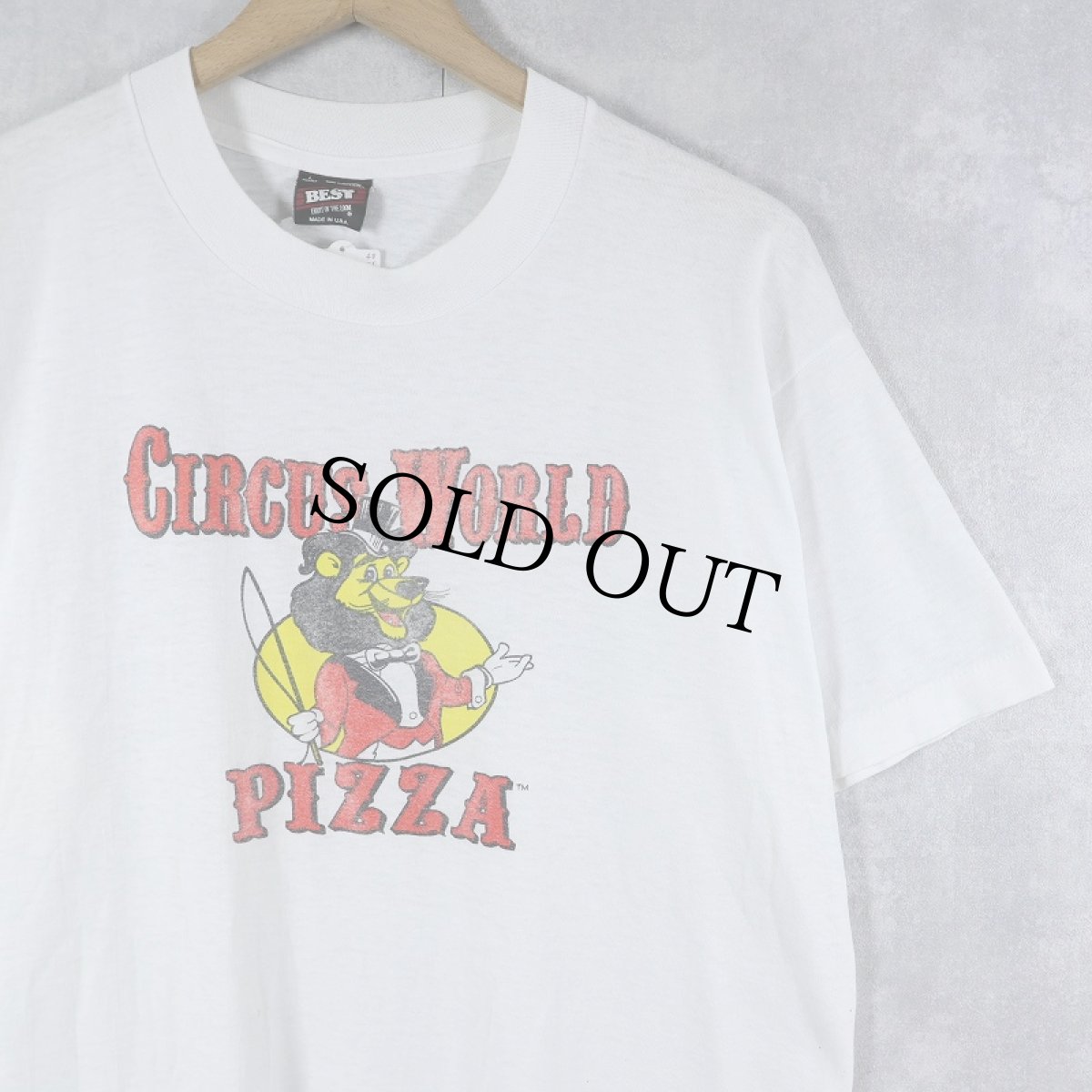画像1: 90's USA製 "CIRCUS WORLD PIZZA" ライオンイラストプリントTシャツ L (1)