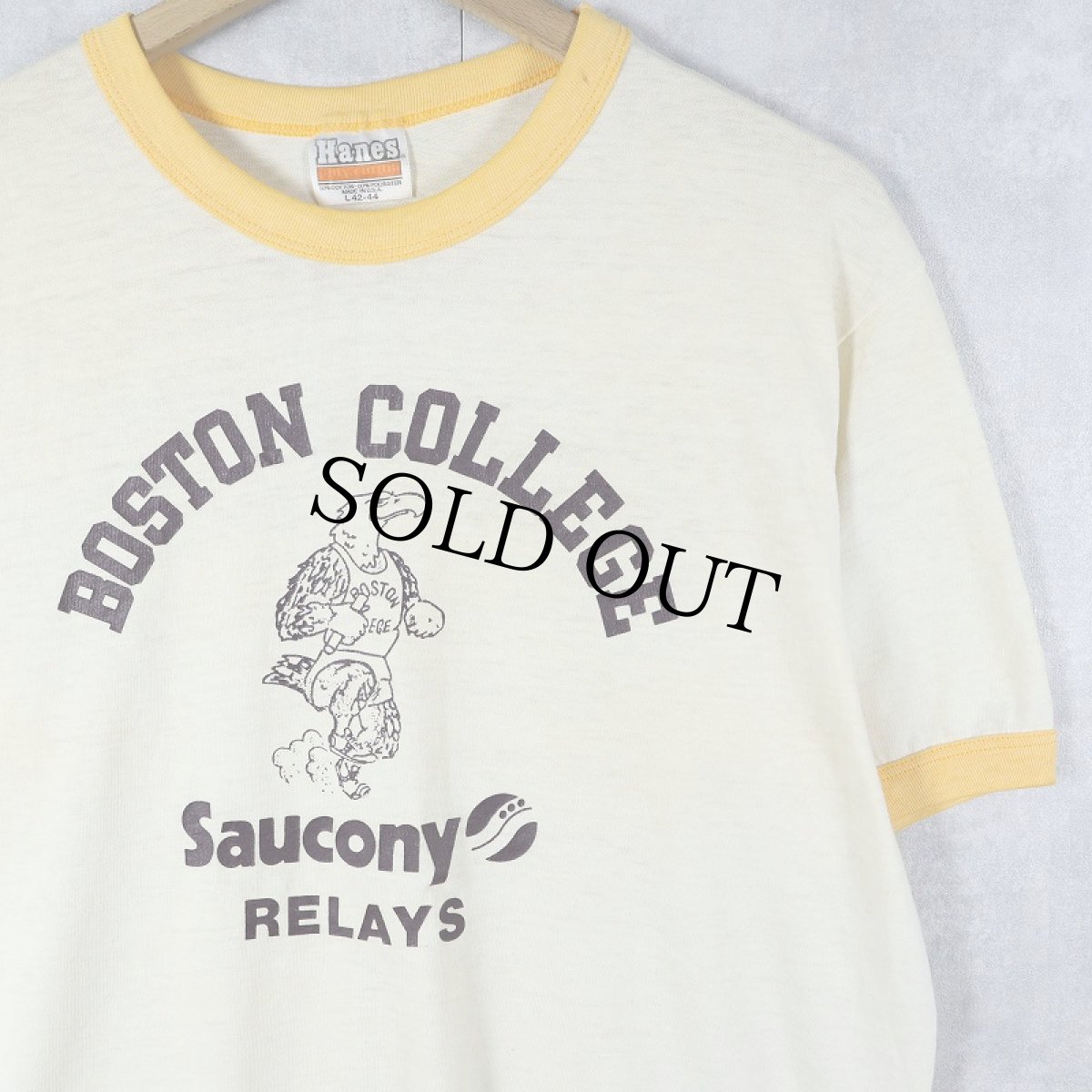 画像1: 70's USA製 "BOSTON COLLEGE" プリントリンガーTシャツ L (1)