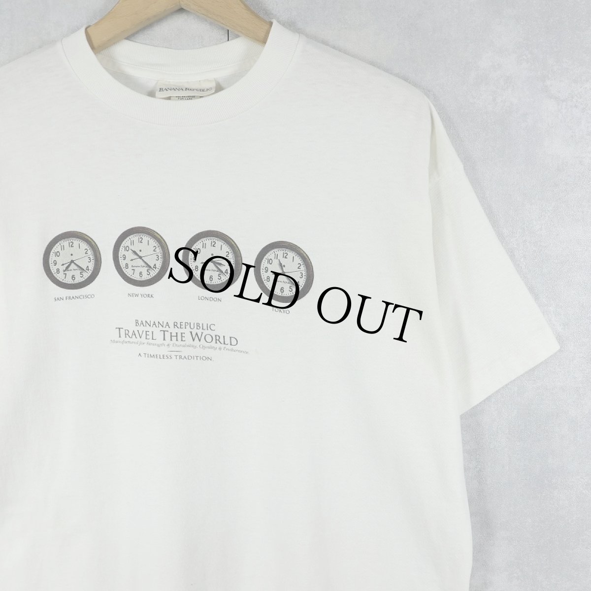 画像1: 90's BANANA REPUBLIC USA製 "TRAVEL THE WORLD" 時計プリントTシャツ S (1)
