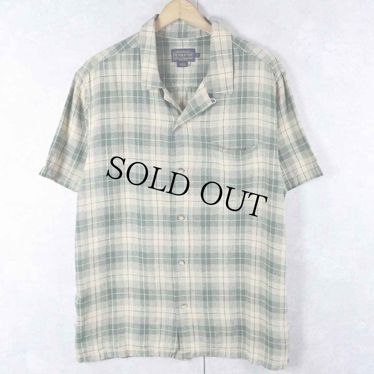 画像1: PENDLETON チェック柄 リネン × レーヨン オープンカラーシャツ L (1)