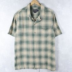 画像1: PENDLETON チェック柄 リネン × レーヨン オープンカラーシャツ L (1)