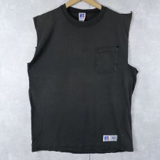 画像1: 90's RUSSELL ATHLETIC USA製 カットオフ 無地ポケットTシャツ BLACK L (1)