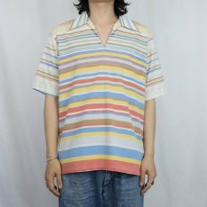 画像2: 60〜70's The Nebraska by Hathaway マルチボーダー柄 スキッパーカラーシャツ M (2)