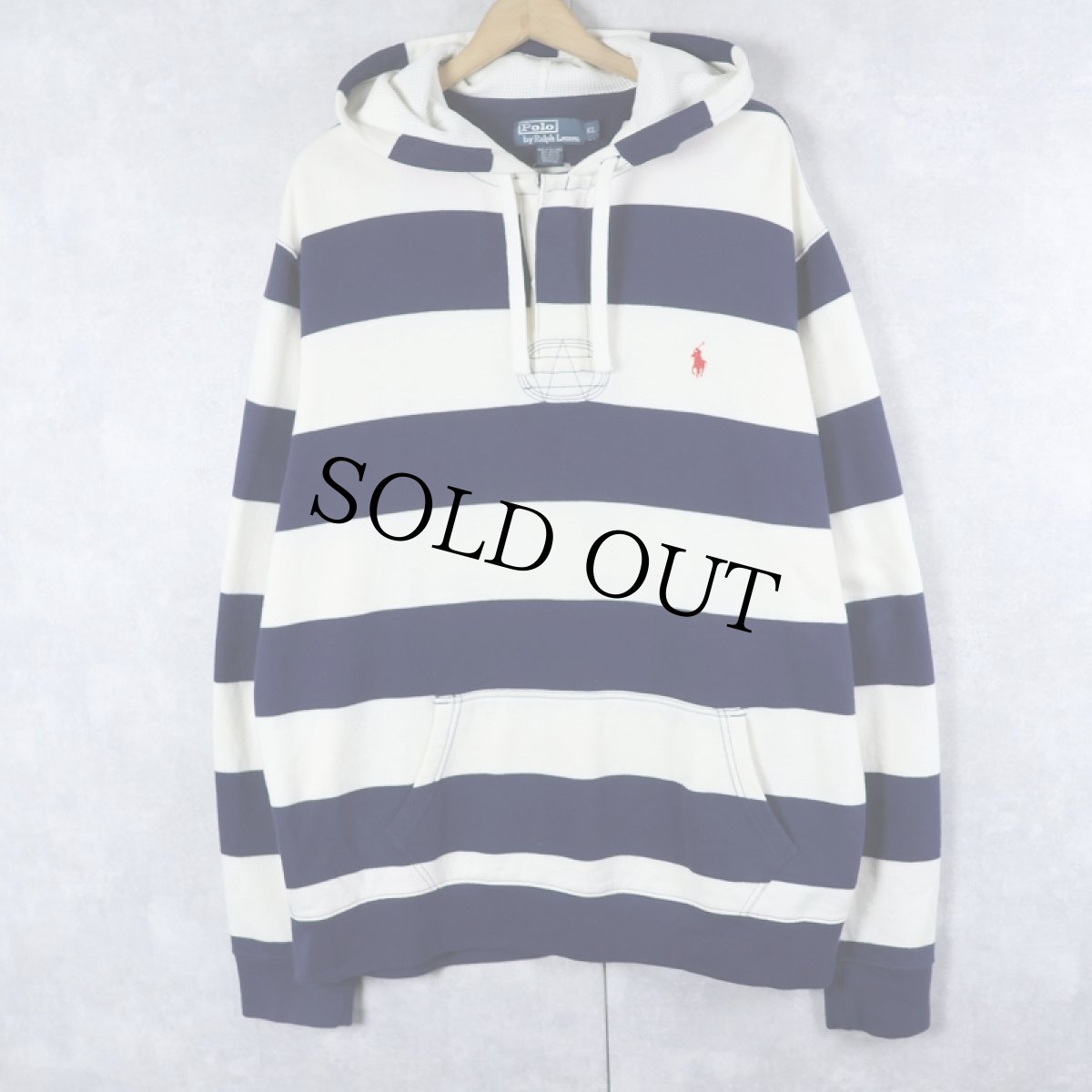 画像1: POLO Ralph Lauren ボーダー柄 フード付きラガーシャツ XL (1)