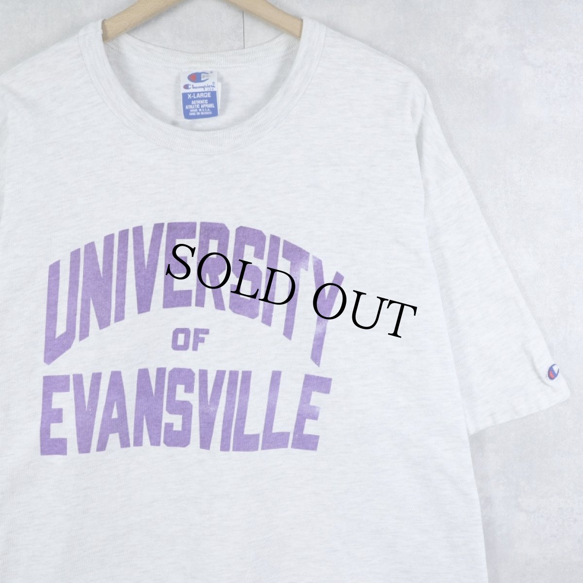 画像1: 90's Champion 青刺繍タグ 後期 USA製 "UNIVERSITY OF EVANSVILLE" プリントTシャツ XL (1)