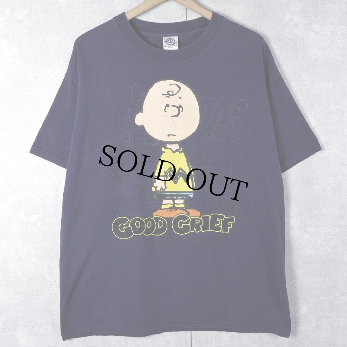 画像1: Charlie Brown "GOOD GRIEF" キャラクター フロッキープリントTシャツ NAVY L (1)