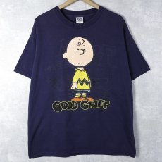 画像1: Charlie Brown "GOOD GRIEF" キャラクター フロッキープリントTシャツ NAVY L (1)