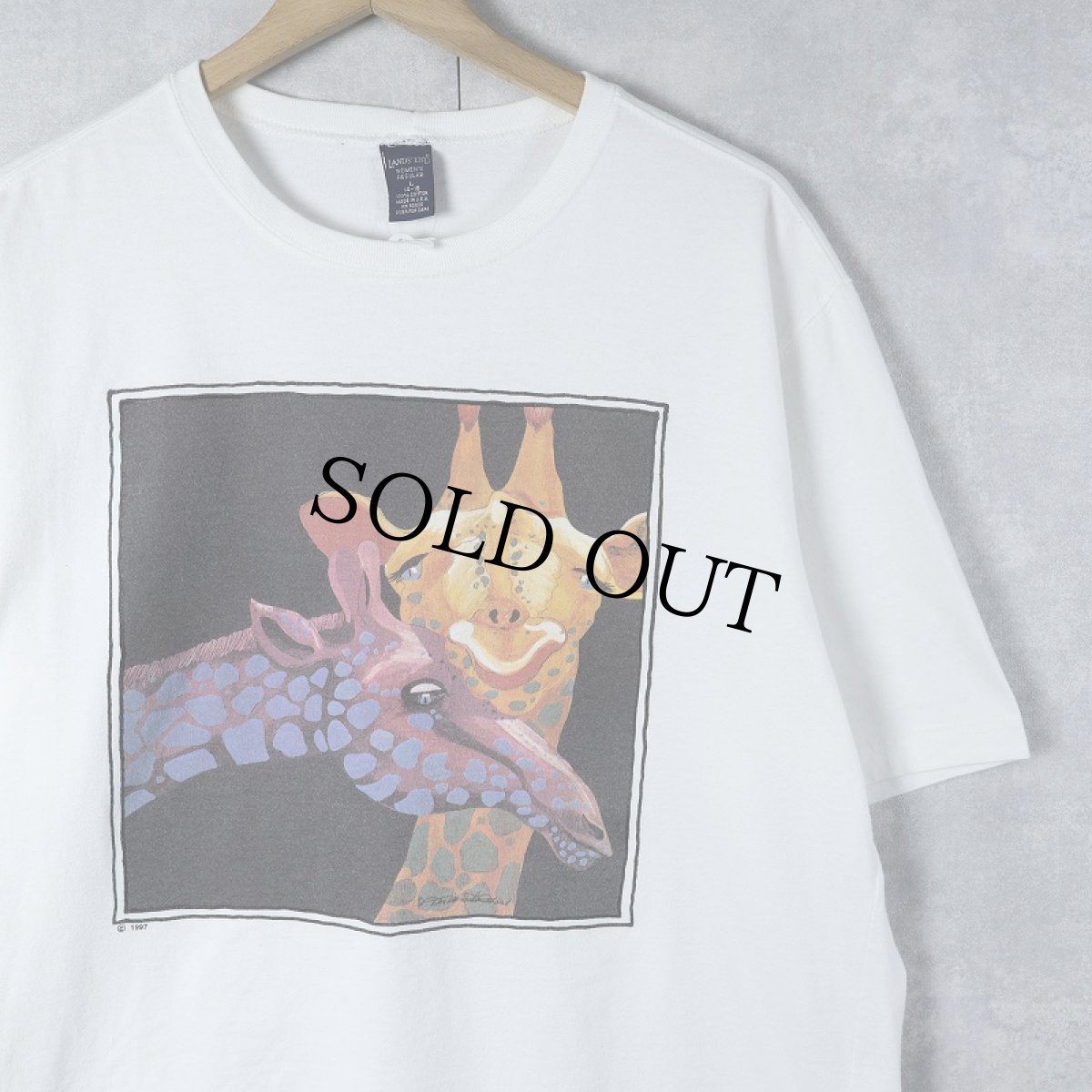 画像1: 90's LANDS' END × Betsy Fowler USA製 "Compatible Giraffes" アートプリントTシャツ L (1)