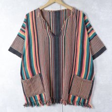 画像1: マルチストライプ柄 フリンジ付き スキッパーシャツ (1)