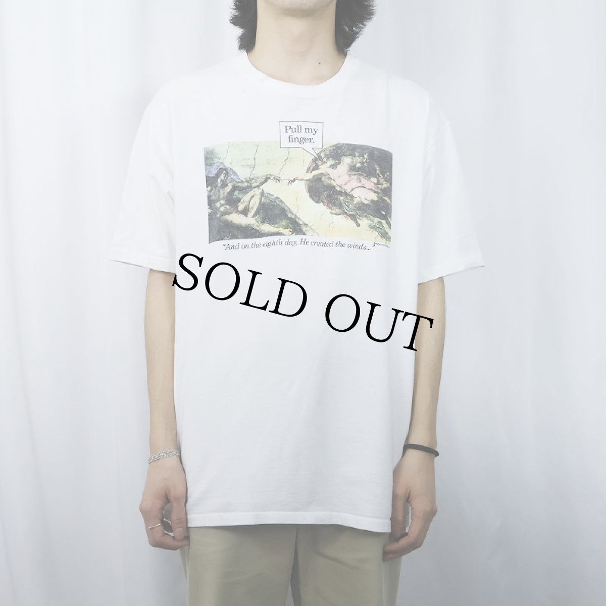 画像2: 90's Michelangelo アダムの創造 USA製 "Pull my finger." パロディプリントTシャツ XL (2)