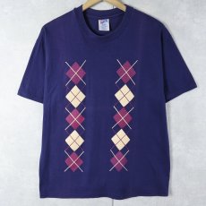 画像1: 90's USA製 アーガイル柄 プリントTシャツ NAVY XL (1)