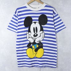 画像1: 90's MICKEY&CO. ボーダー柄 青パンミッキー キャラクタープリントTシャツ  (1)