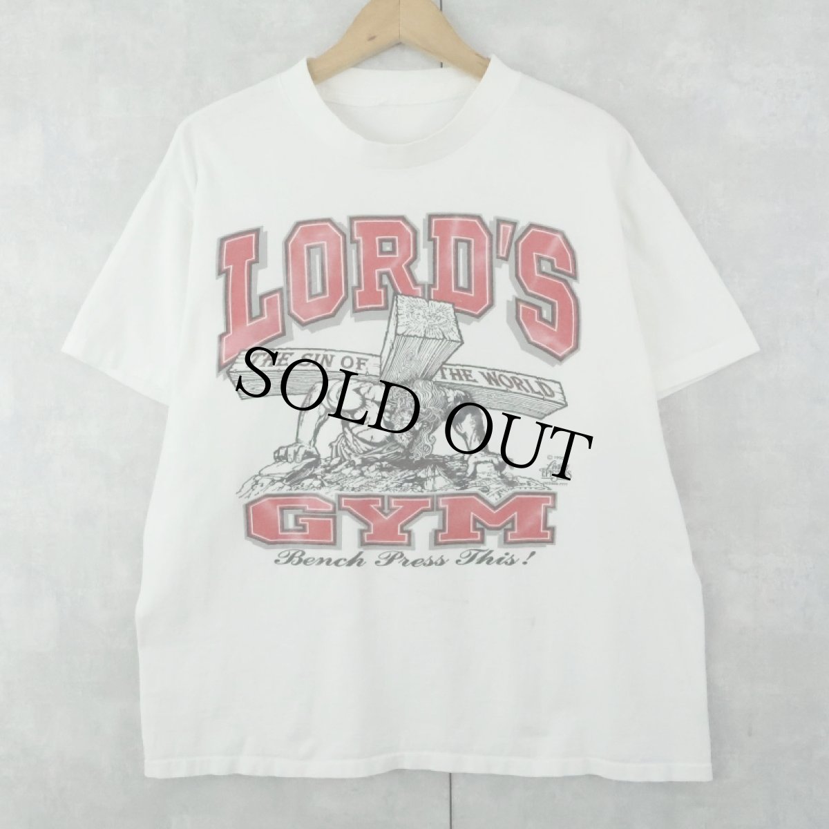 画像1: 90's LORD'S GYM "HIS PAIN YOUR GAIN" ジーザスパロディ プリントTシャツ (1)