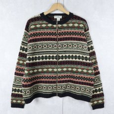 画像1: L.L.Bean フェアアイル柄 ウール ジップニットカーディガン XL (1)