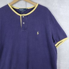 画像1: POLO Ralph Lauren ロゴ刺繍 鹿の子 ヘンリーネックTシャツ NAVY XL (1)